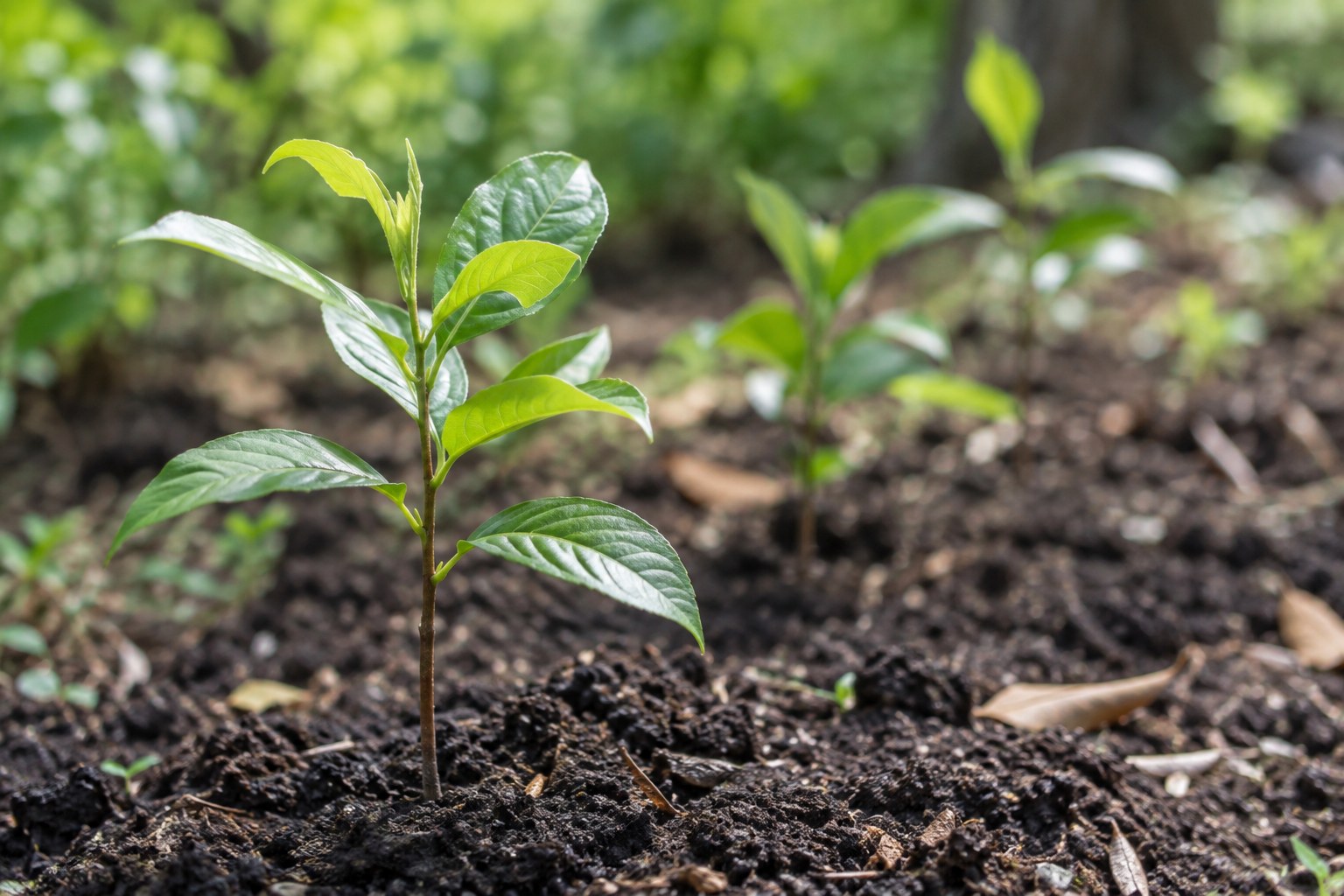 Close-up of a healthy young sapling growing in natural soil