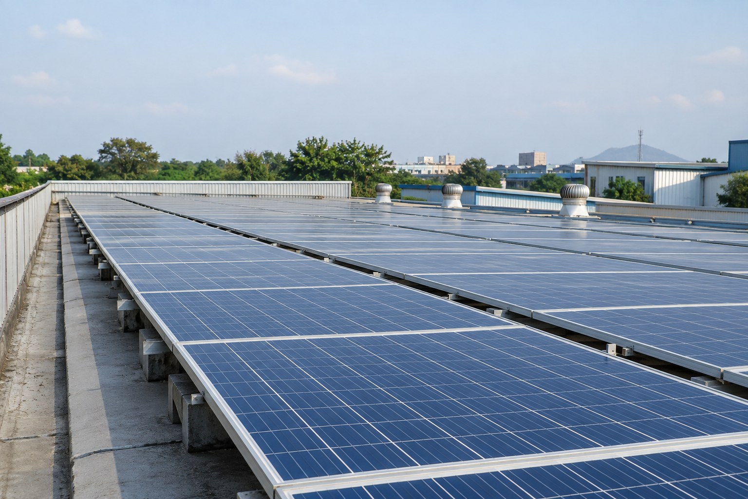 Solar panels on an industrial rooftop in neutral daylight