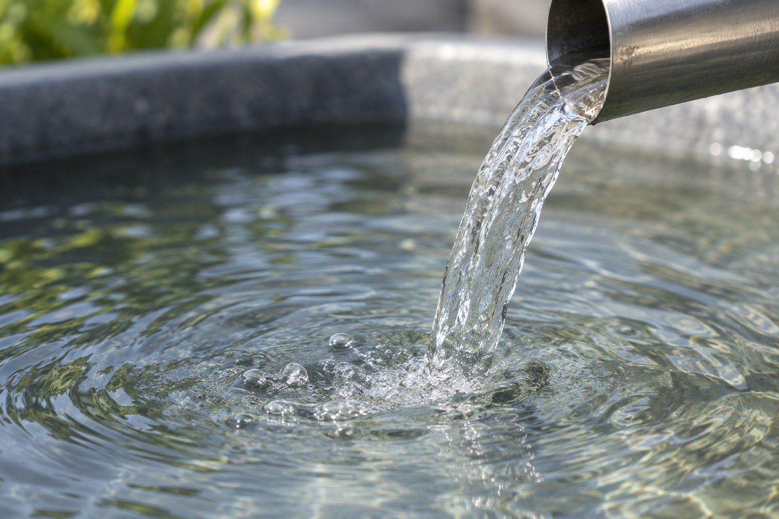 Close-up of clear water flowing into a water-reuse basin